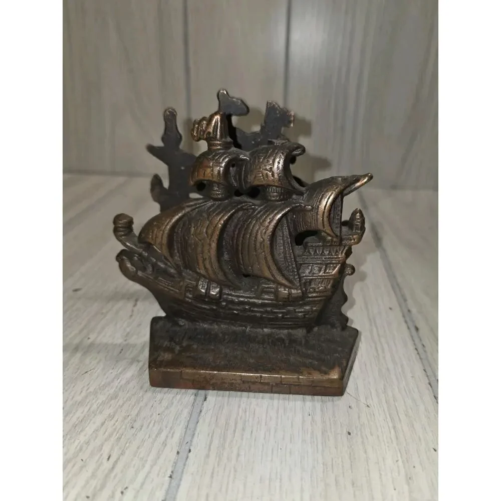 Vtg Spanish Galleon Bookends w Sailing Ships Copper Coated Cast Iron Nautical